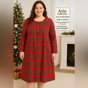 Aria Red Plaid Nightgown 2X Long Sleeve Fleece Lounge Sleep Dress